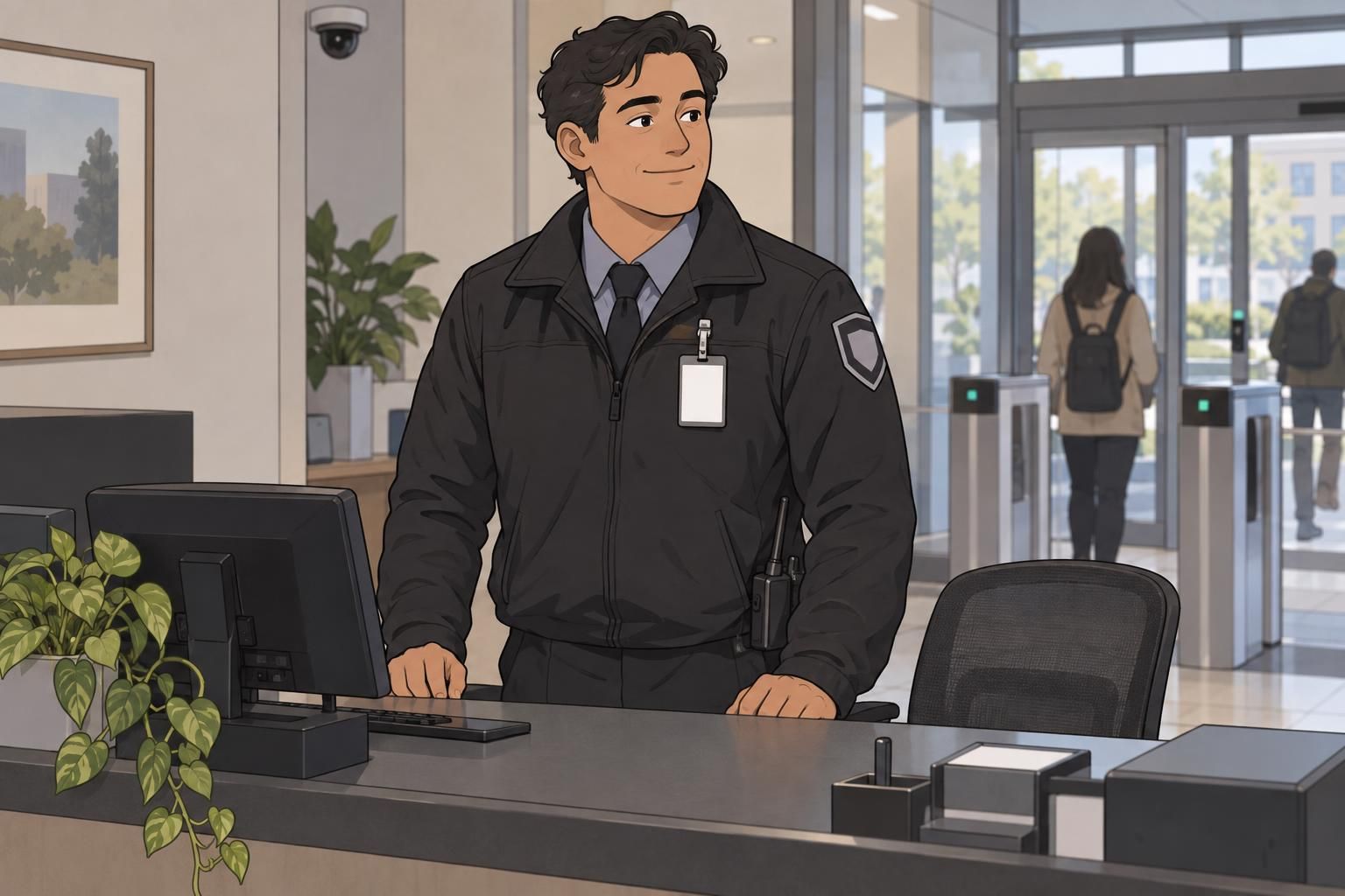 Security officer adjusts a uniform jacket to keep the badge uncovered and facing outward.