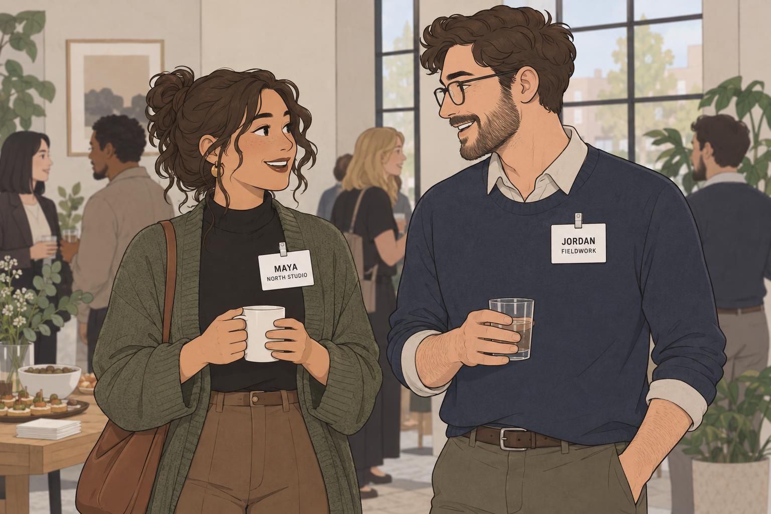 Two attendees converse at a networking event, with their names and affiliations clearly displayed on their tags.