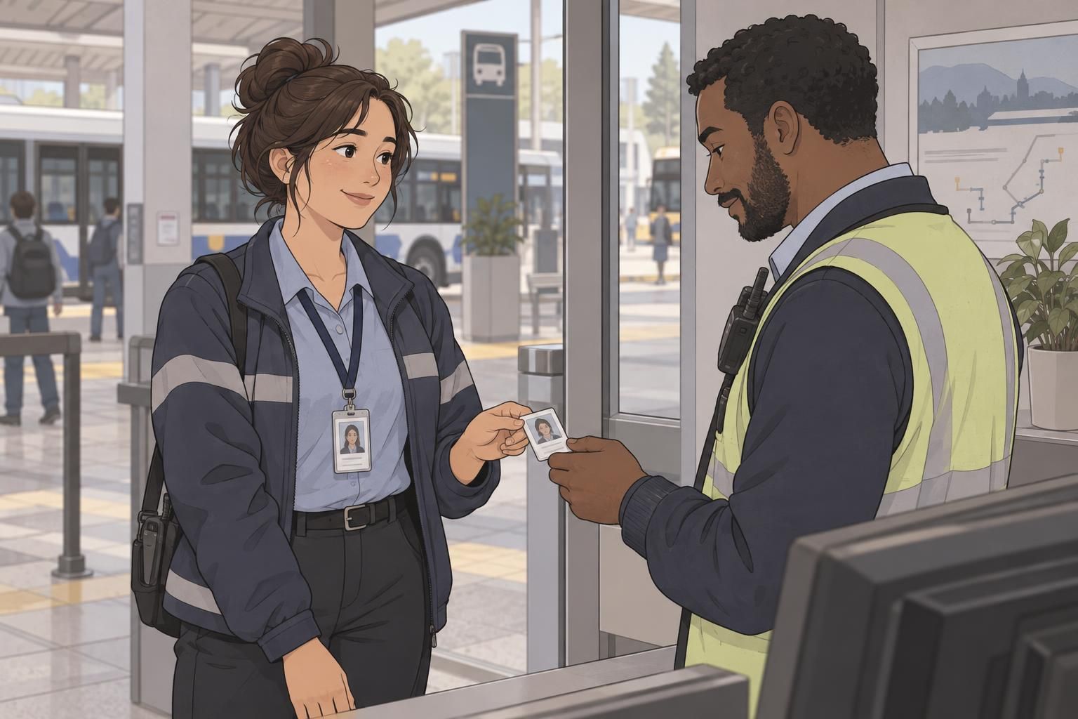 A transportation employee presents a clearly visible staff badge to a colleague for a manual identity check.