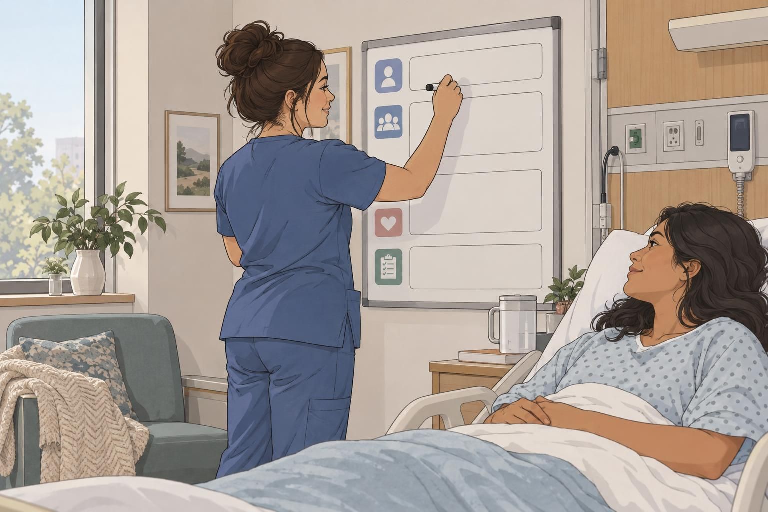 A nurse updates a blank bedside whiteboard while a patient watches, illustrating how care-team information can stay visible.