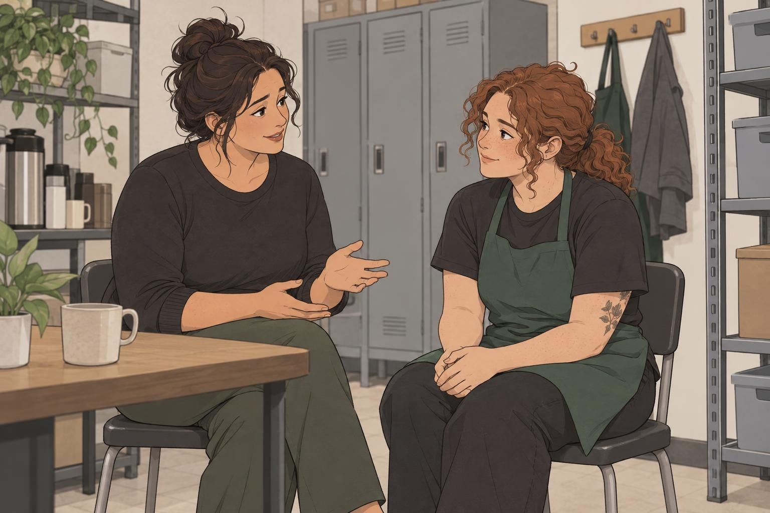 A supervisor and employee have a private conversation about a comfortable workplace identification format.