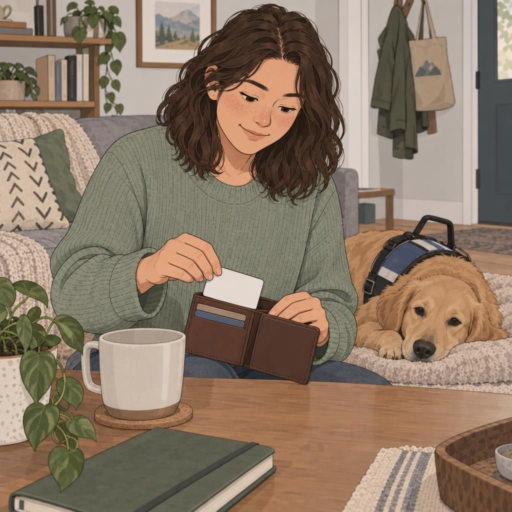 A handler places a blank service dog ID card into a wallet while their dog rests nearby at home.