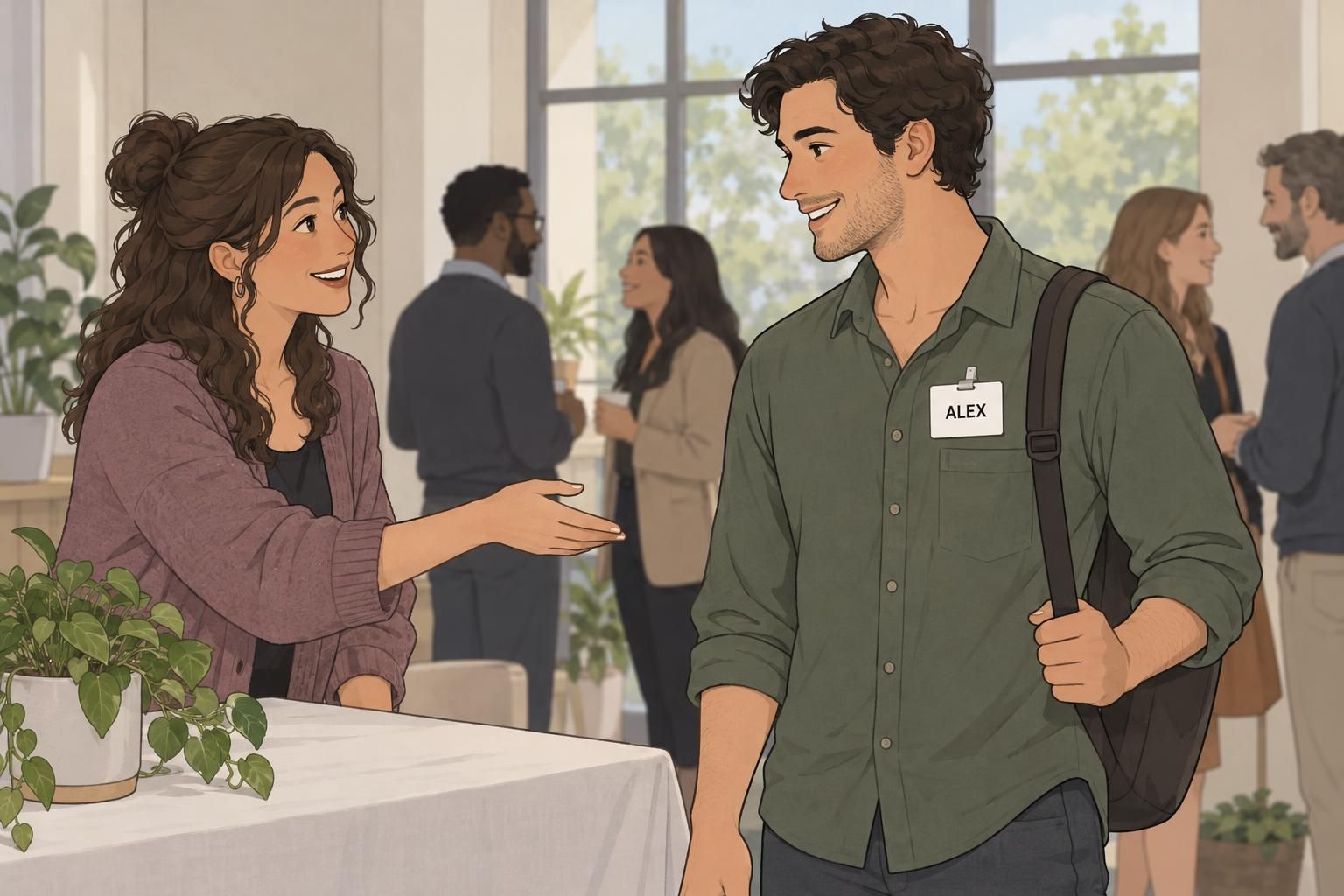 A host welcomes an attendee wearing a clearly visible name tag at an event registration table.