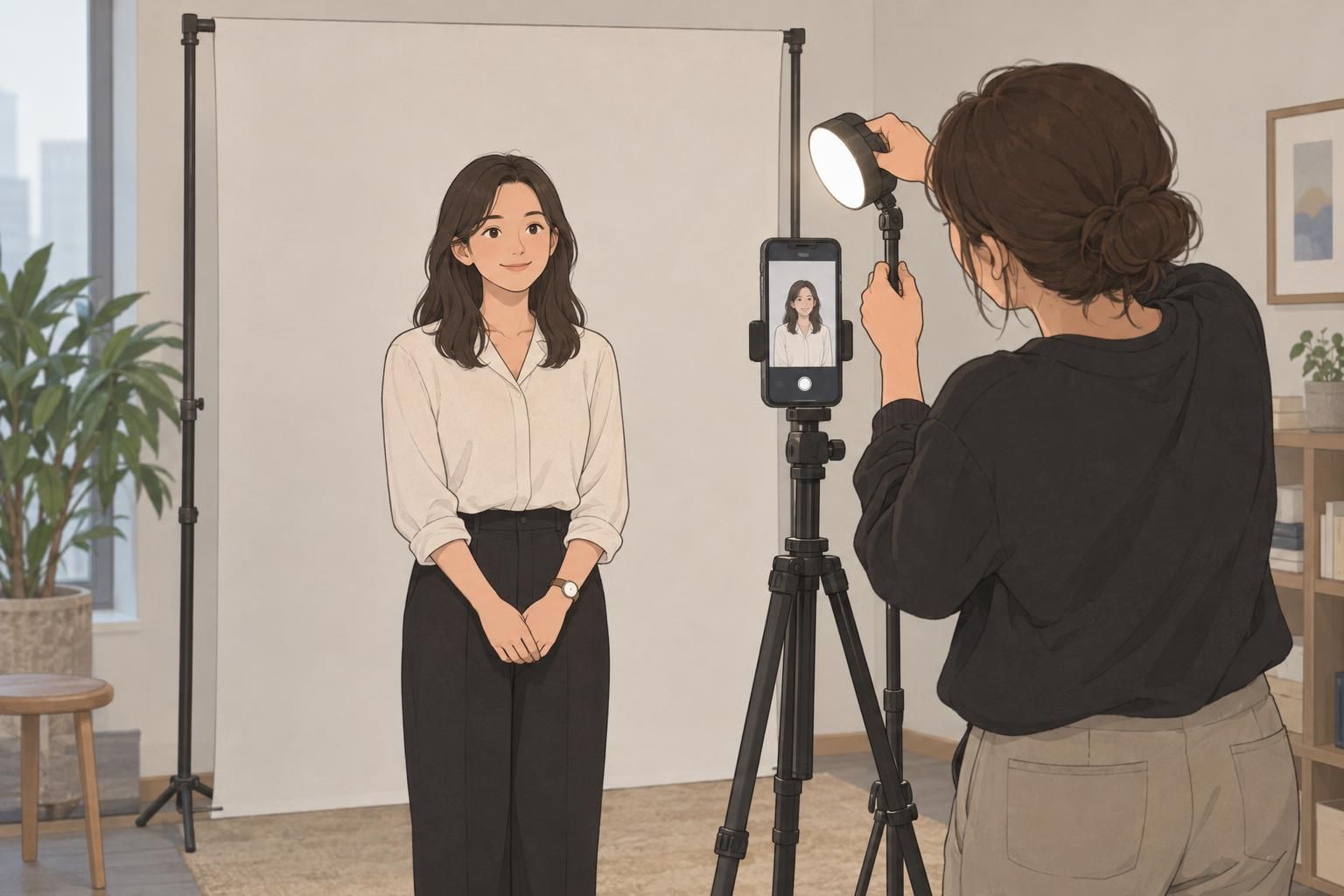 A coordinator adjusts a lamp near the camera to soften shadows on an employee’s face during a badge photo session.