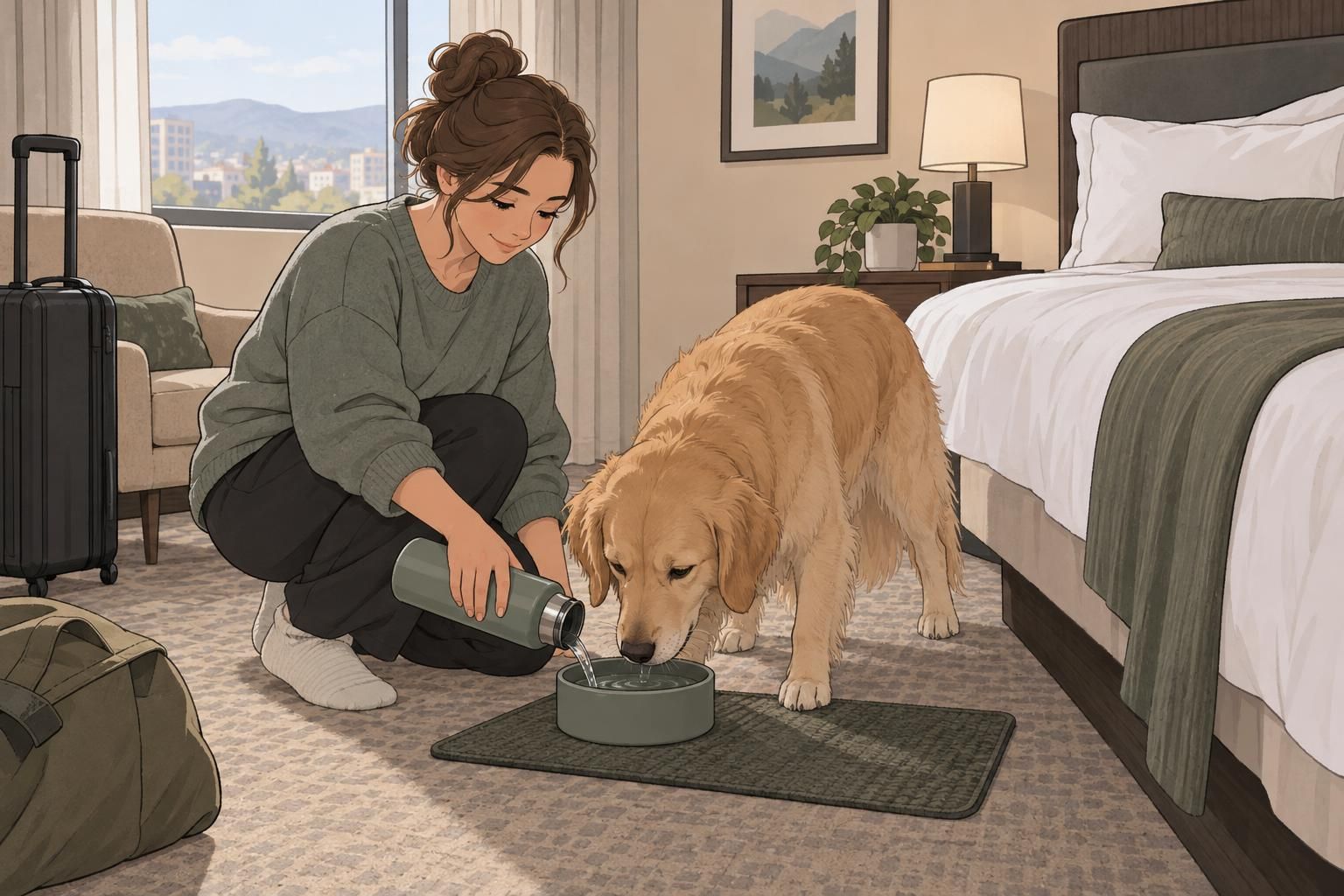 A handler offers water to a service dog settled beside its familiar mat in a hotel room.