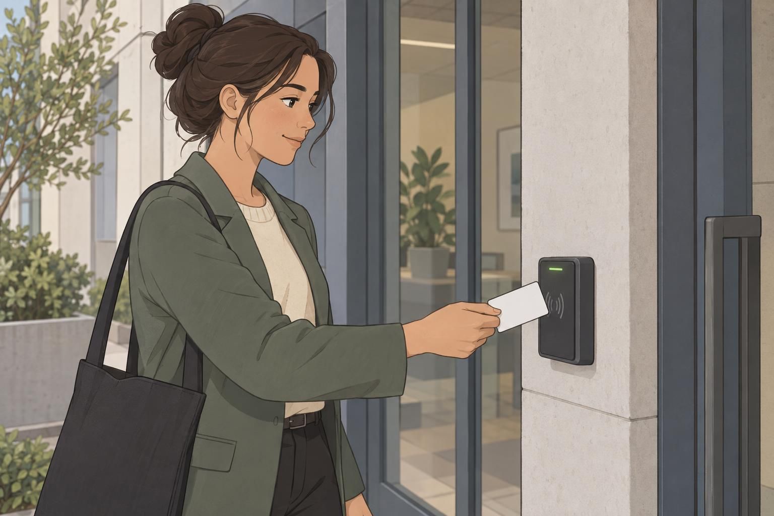 An employee presenting a blank RFID industrial ID badge to a facility access reader at an entrance.