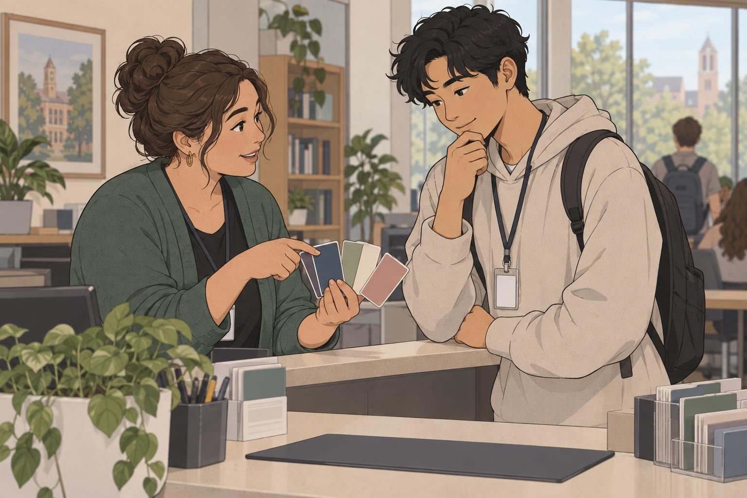 A university staff member discusses campus ID card options with a student at a service counter.