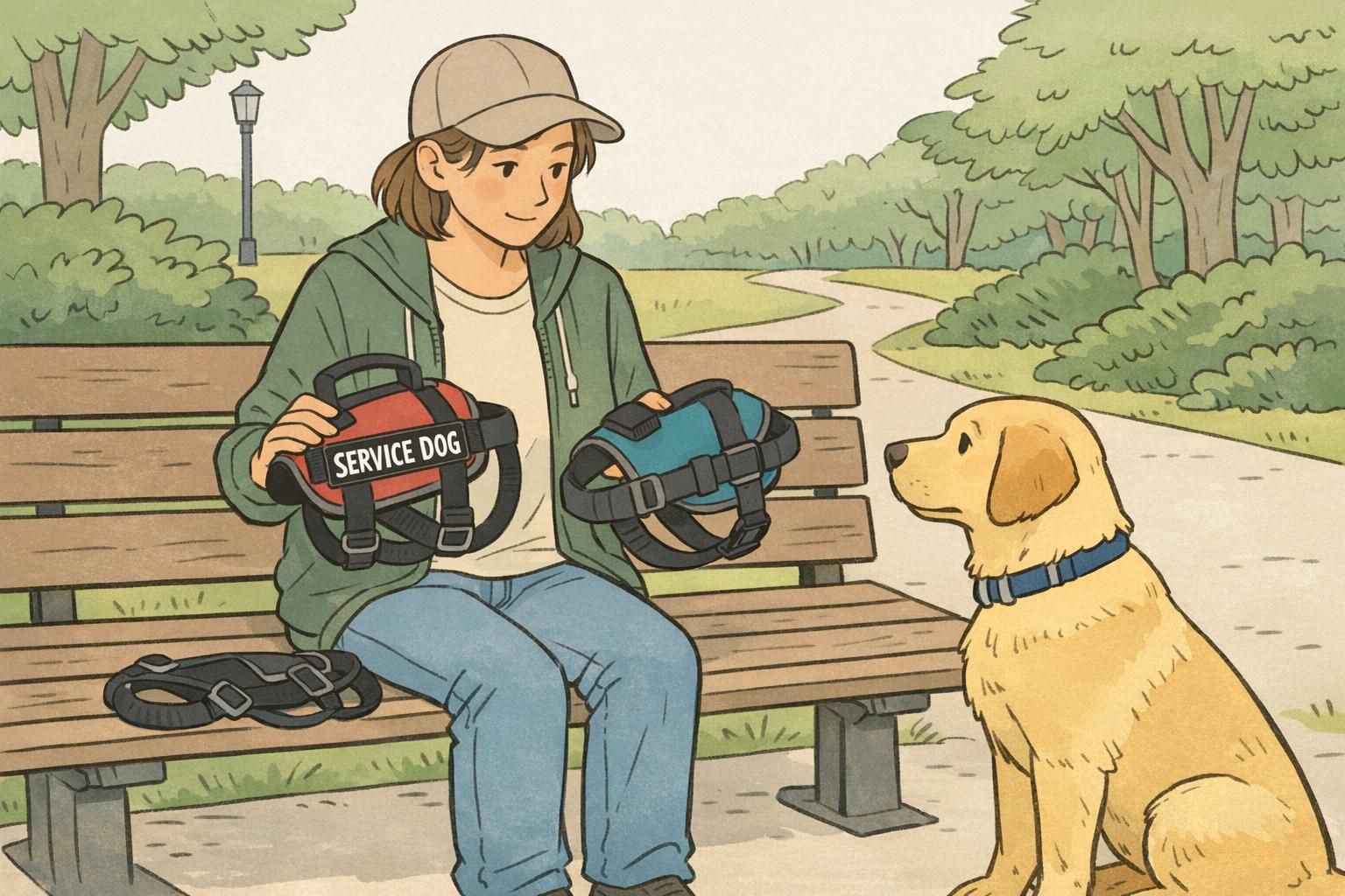 A handler compares two harness styles laid on a park bench while the service dog sits patiently nearby; one harness features a short support handle.
