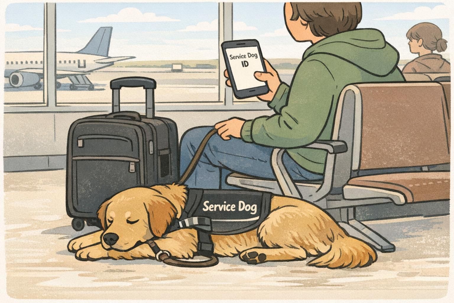 At an airport seating area, a handler sits with carry-on luggage as a service dog lies calmly at their feet, illustrating travel readiness and public calm behavior.