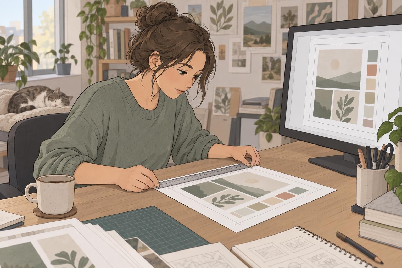 Designer uses a ruler to check the dimensions and margins of a printed sample sheet.