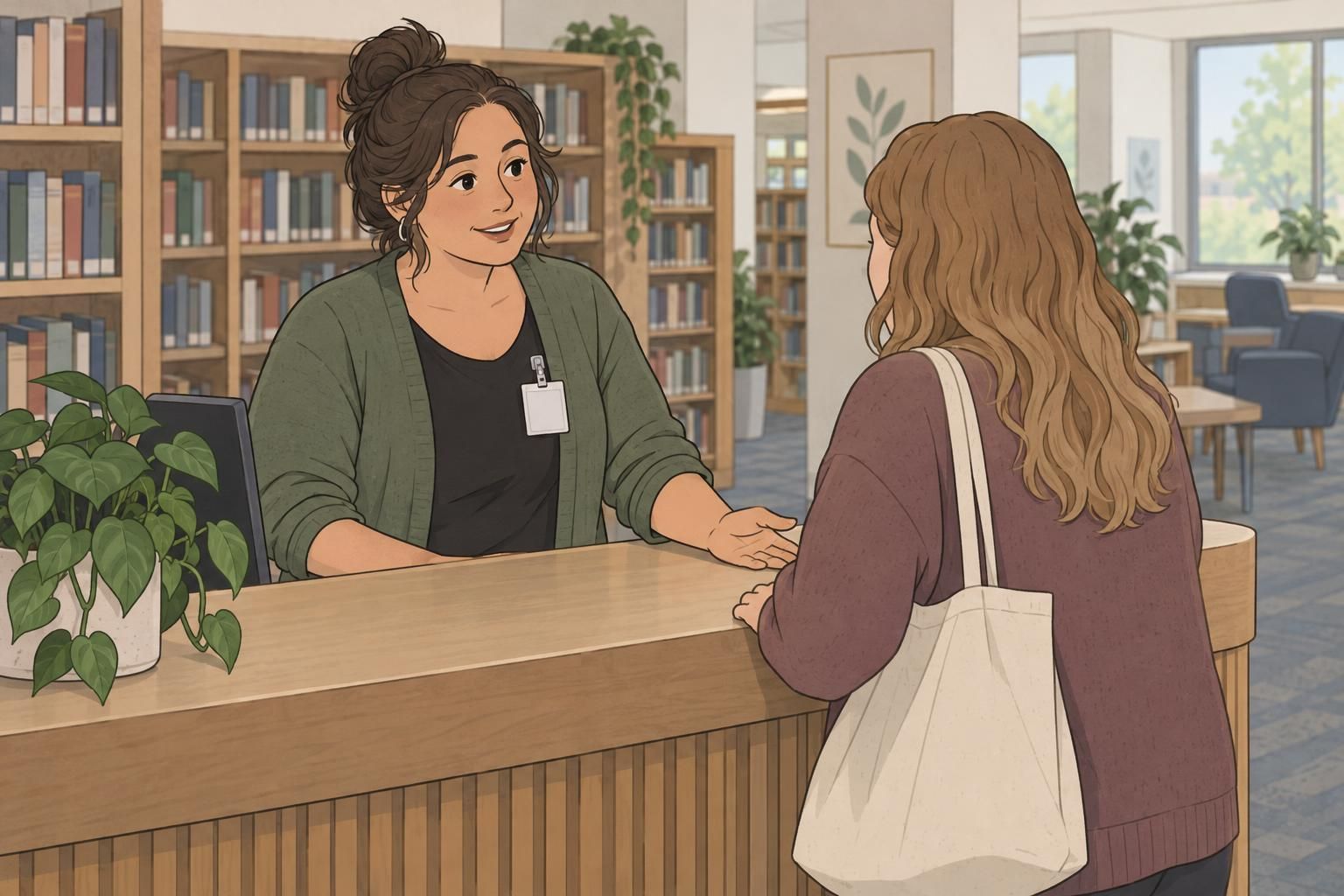 A library employee wearing a single blank staff badge helps a visitor at a service desk.