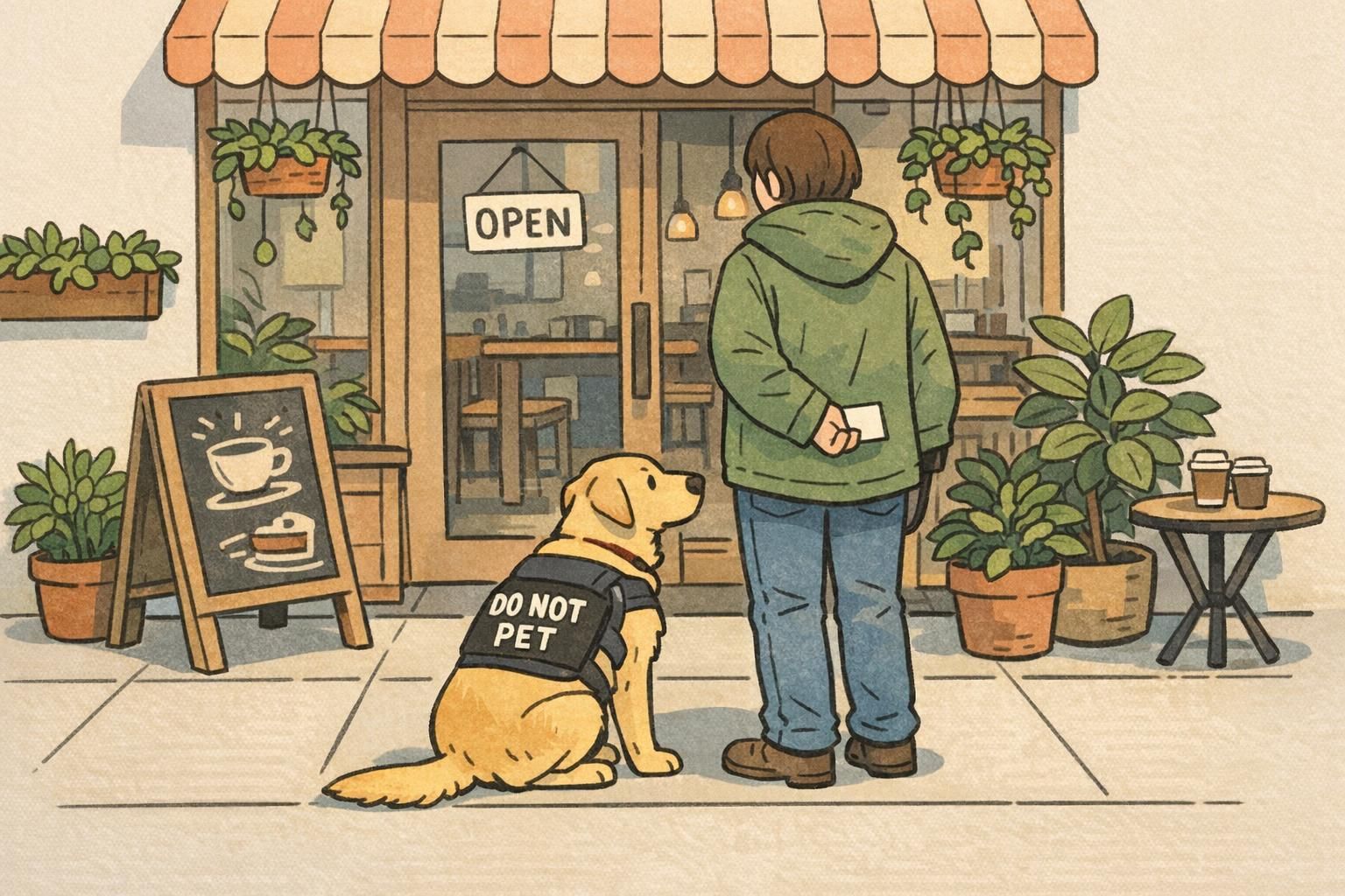 A handler stands at a café entrance with a seated service dog wearing a visible working-dog vest while the handler holds an ID card discreetly.