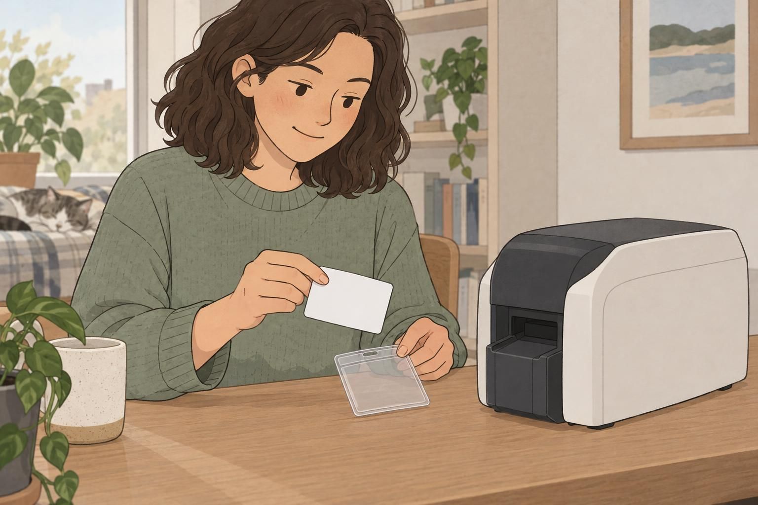 A blank CR80 card, card printer, and clear sleeve are shown separately for checking equipment and holder compatibility.