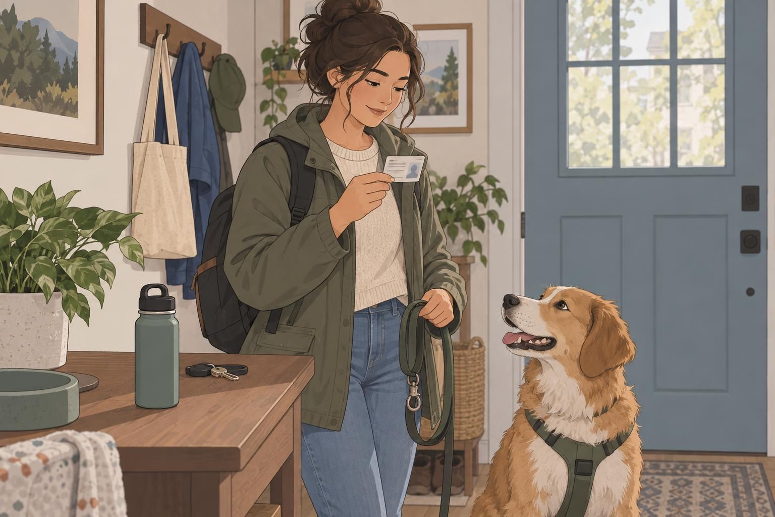 An adult prepares for an outing with a dog, leash, water bottle, and plain identification card.