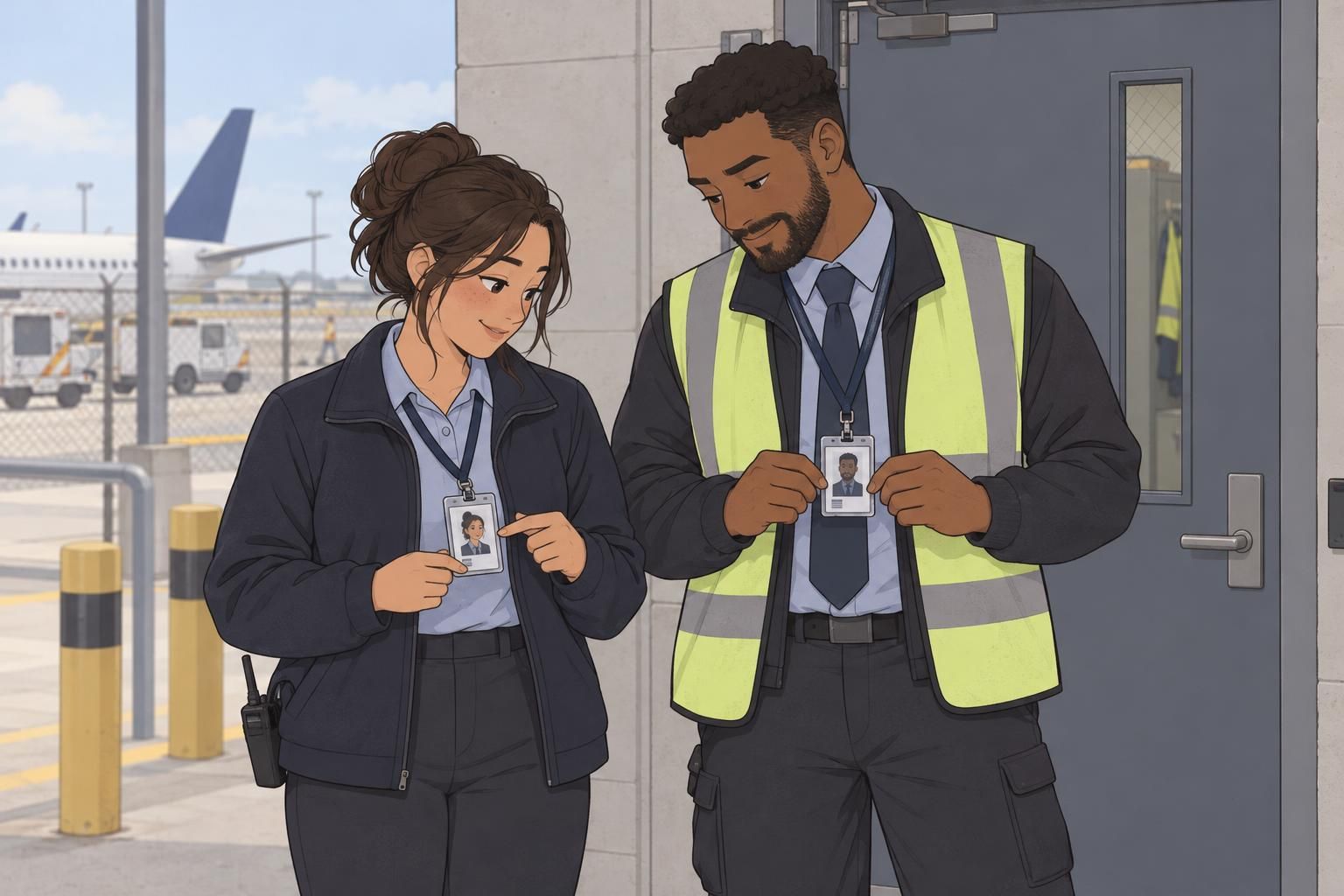 Two airport staff members compare badge placement and photo visibility while wearing clear vertical ID holders.