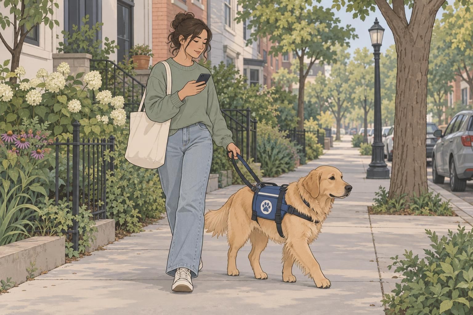 A leashed psychiatric service dog walks beside its handler on a quiet neighborhood sidewalk during a planned outing.
