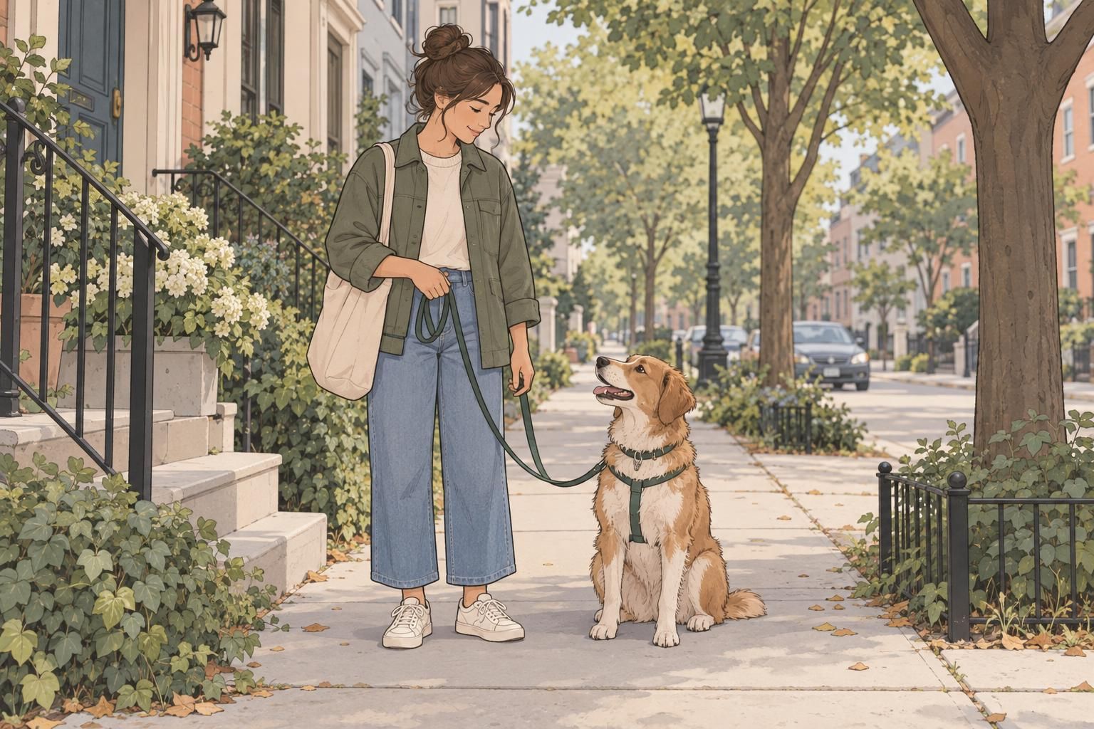 An adult practices calm leash walking with their dog on a quiet sidewalk.