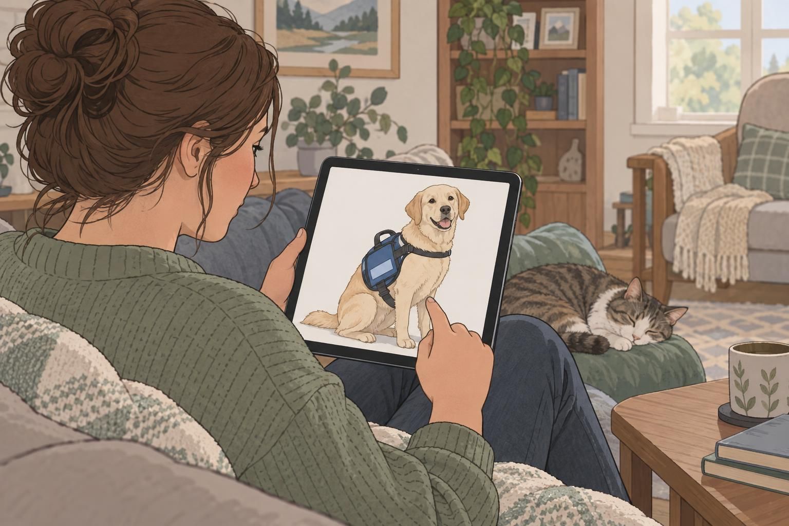 At home, a handler chooses a photo of their service dog on a tablet.