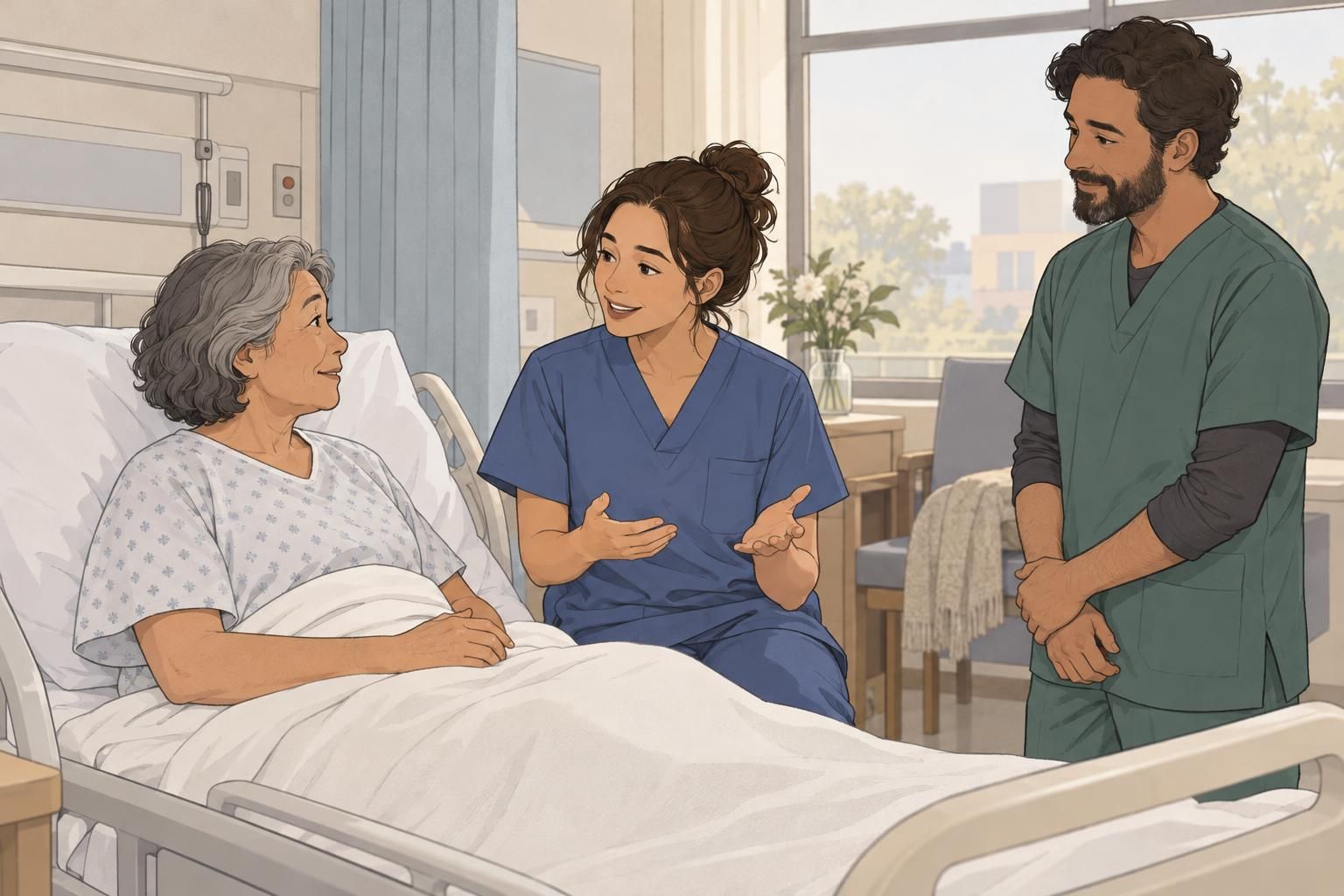 A patient talks with a nurse while another care-team member listens nearby, showing a clear conversation about care responsibilities.