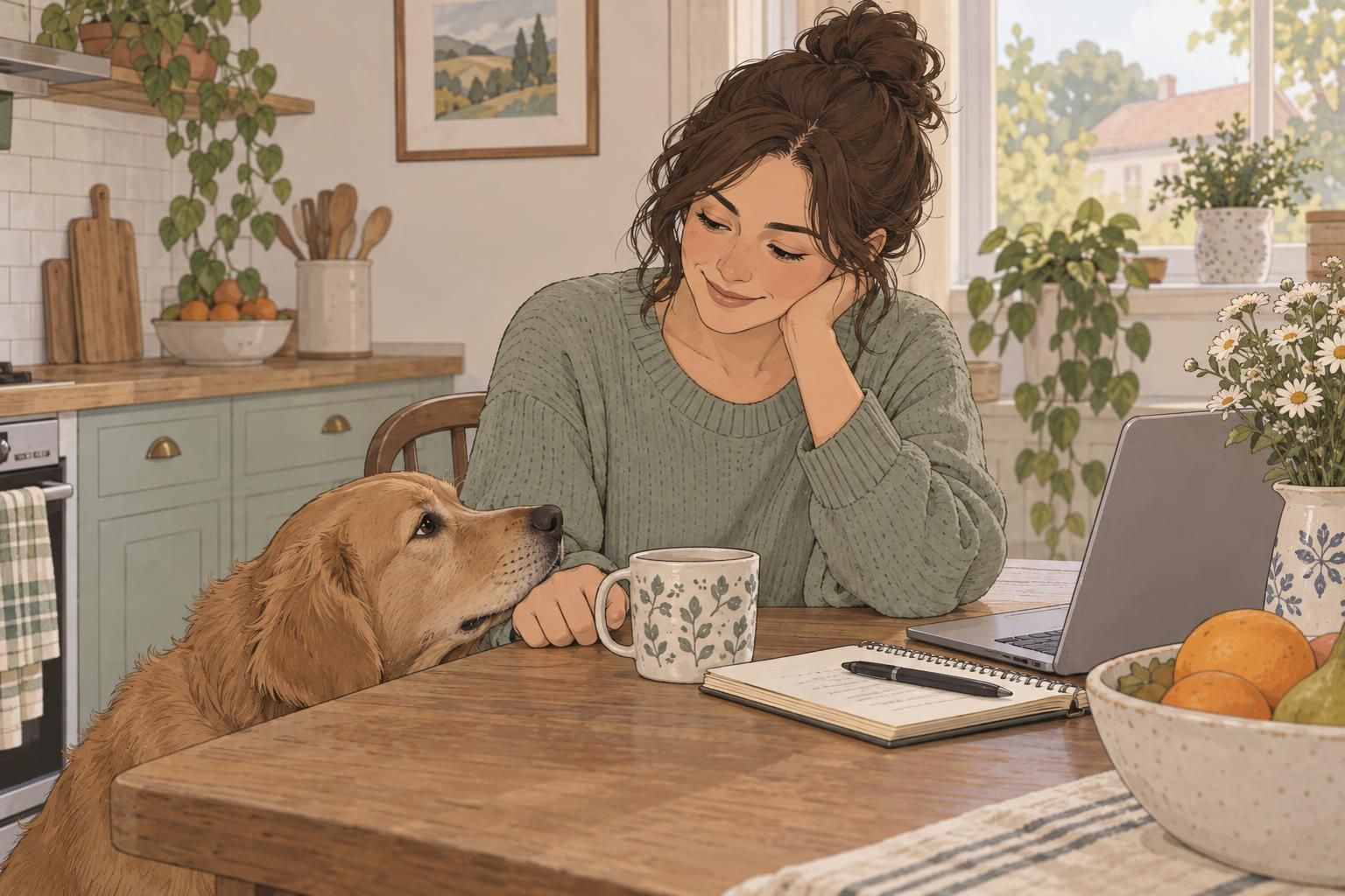 A dog gently nudges its owner's hand at a kitchen table as part of a trained psychiatric assistance task.