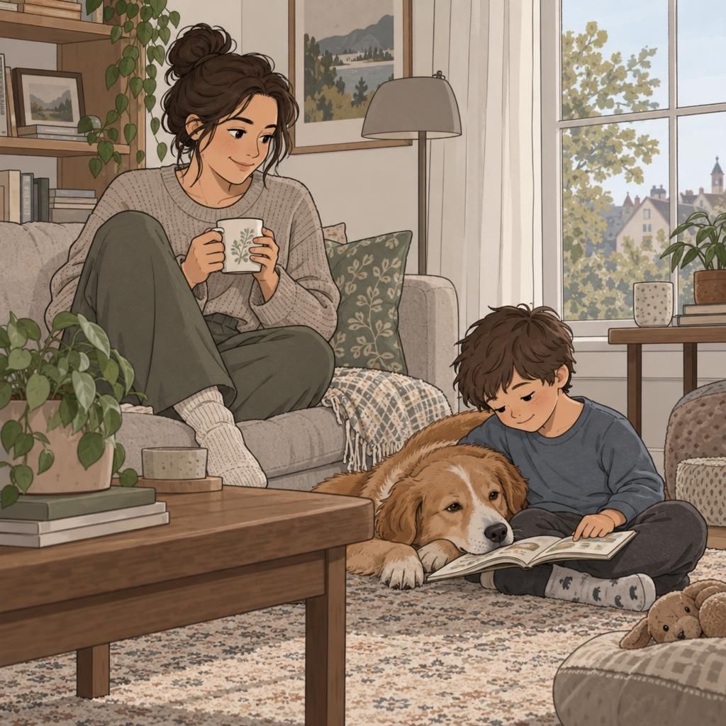 A child relaxes beside a calm dog at home while a parent shares a quiet moment with them.