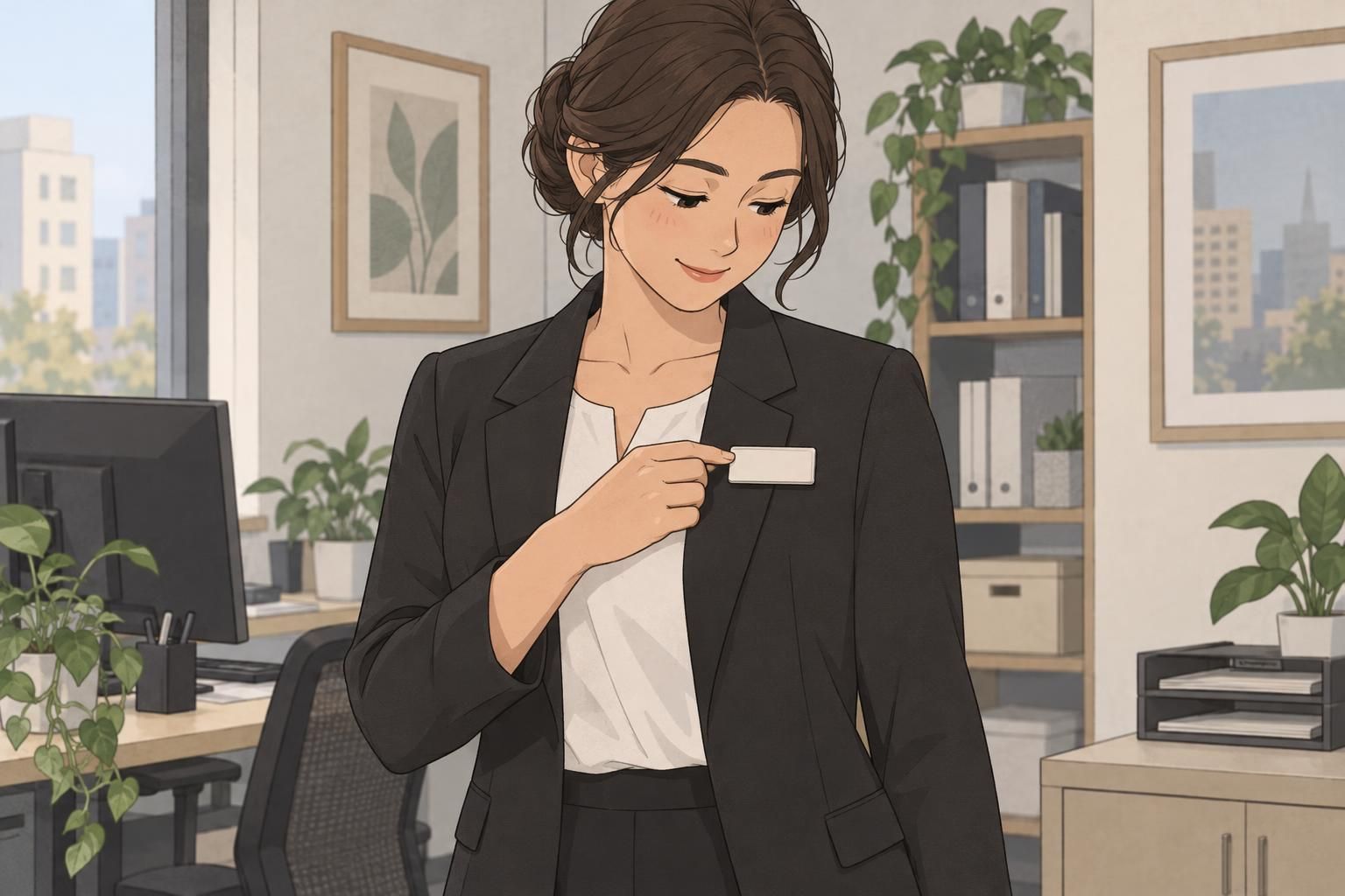 A staff member checks how a blank magnetic name tag sits on an office uniform.