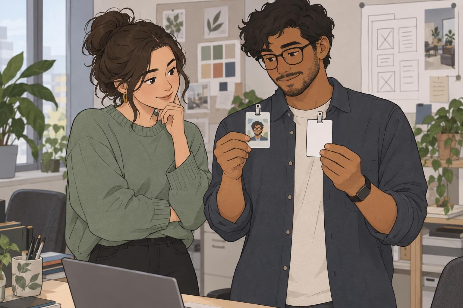 Colleagues review a blank-backed employee ID badge mockup together.