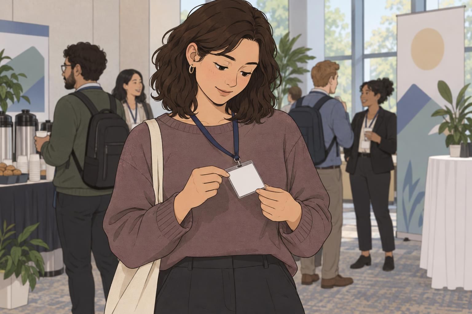 A conference attendee turns over an event badge to check its reverse side.