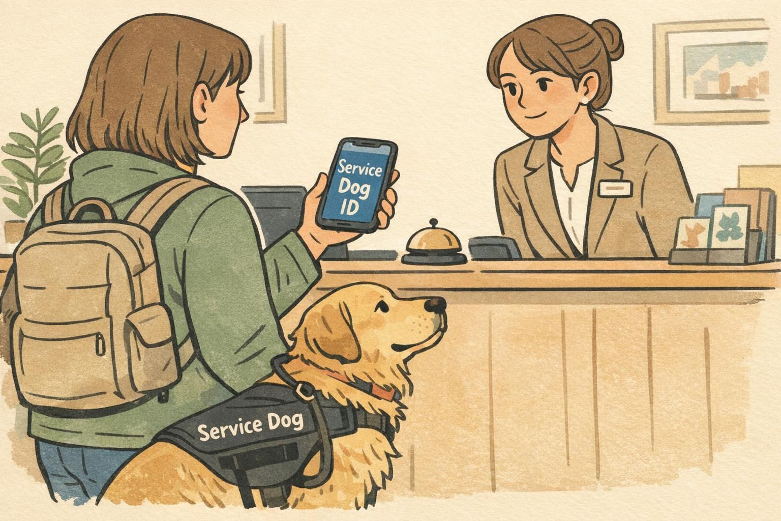 A handler shows a staff member a digital service dog ID at a hotel check-in desk while the service dog waits calmly at their side.