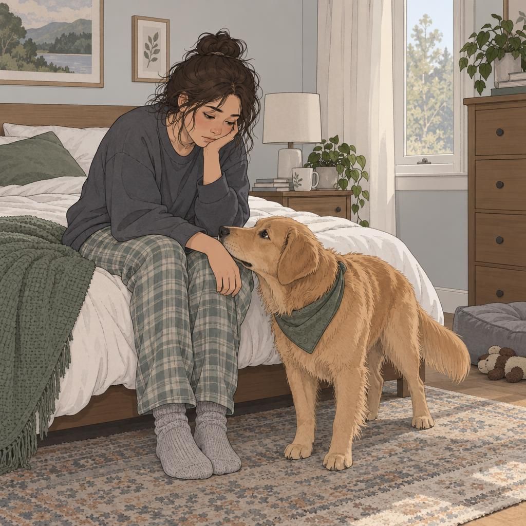 A dog gently nudges a person sitting at the edge of a bed, illustrating a possible psychiatric service dog prompt to begin a morning routine.
