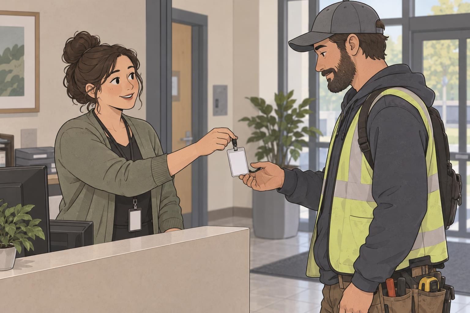 A facilities coordinator hands a contractor a temporary ID badge on a vertical clip.