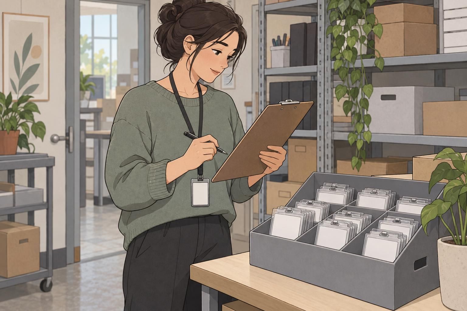 A staff member checks an inventory clipboard beside a divided box of individually stored ID cards.