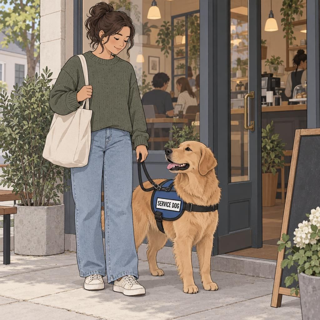 A handler pauses with a service dog wearing a visible SERVICE DOG tag outside a neighborhood cafe.