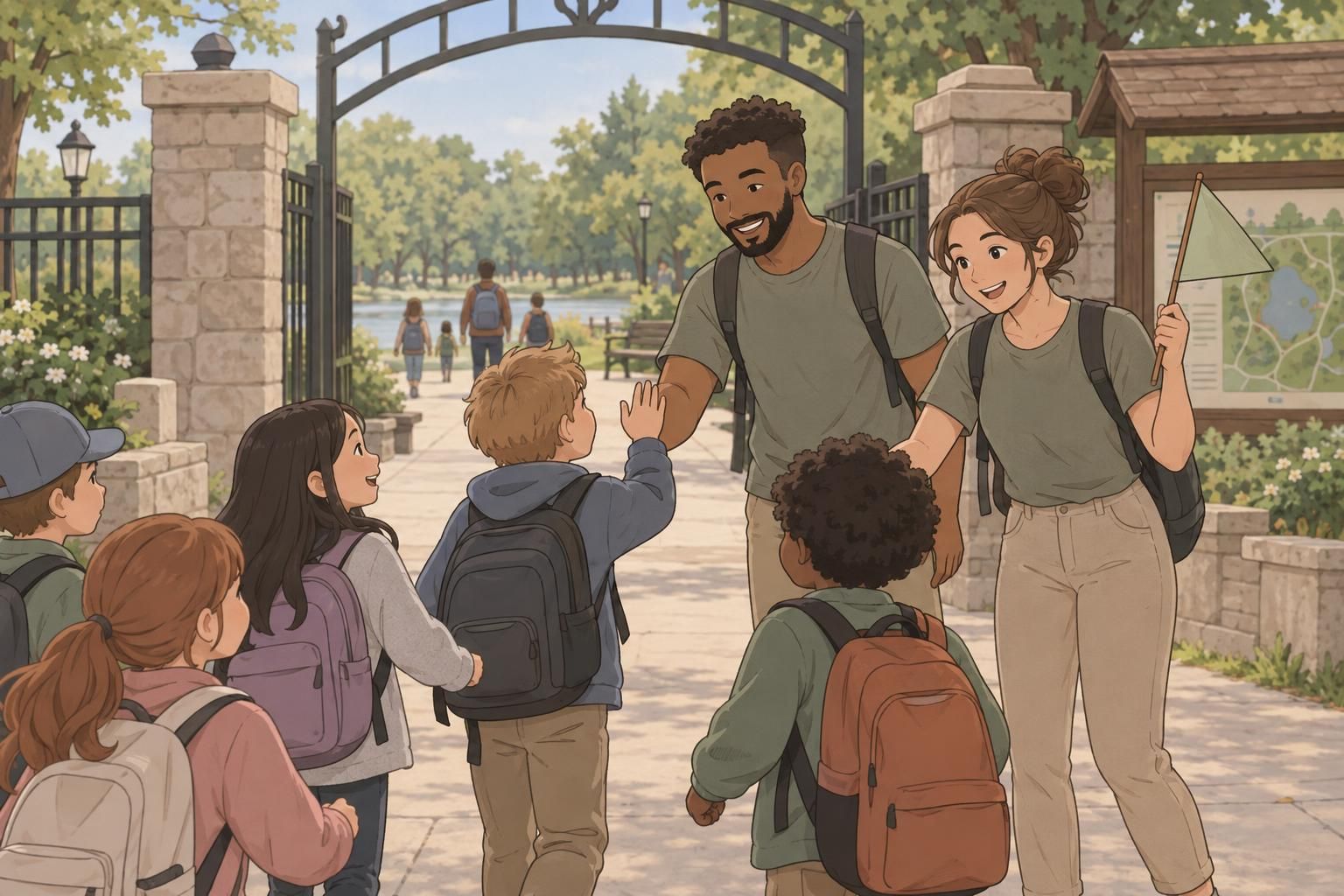 Chaperones in matching shirts greet children at a park entrance, making the responsible adults easy to recognize during a group outing.