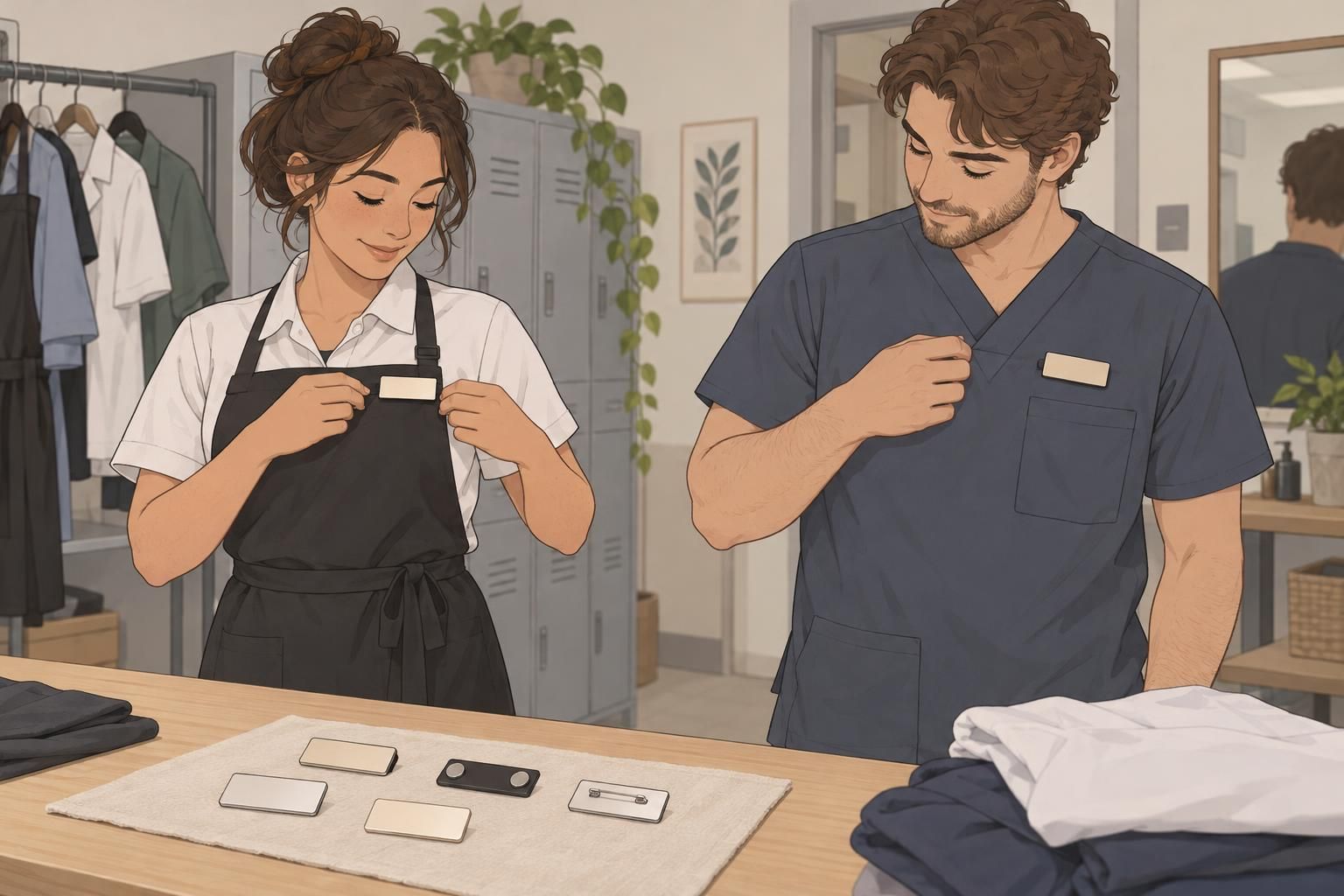 Two coworkers test magnetic and pin-backed name tags on different work uniforms.