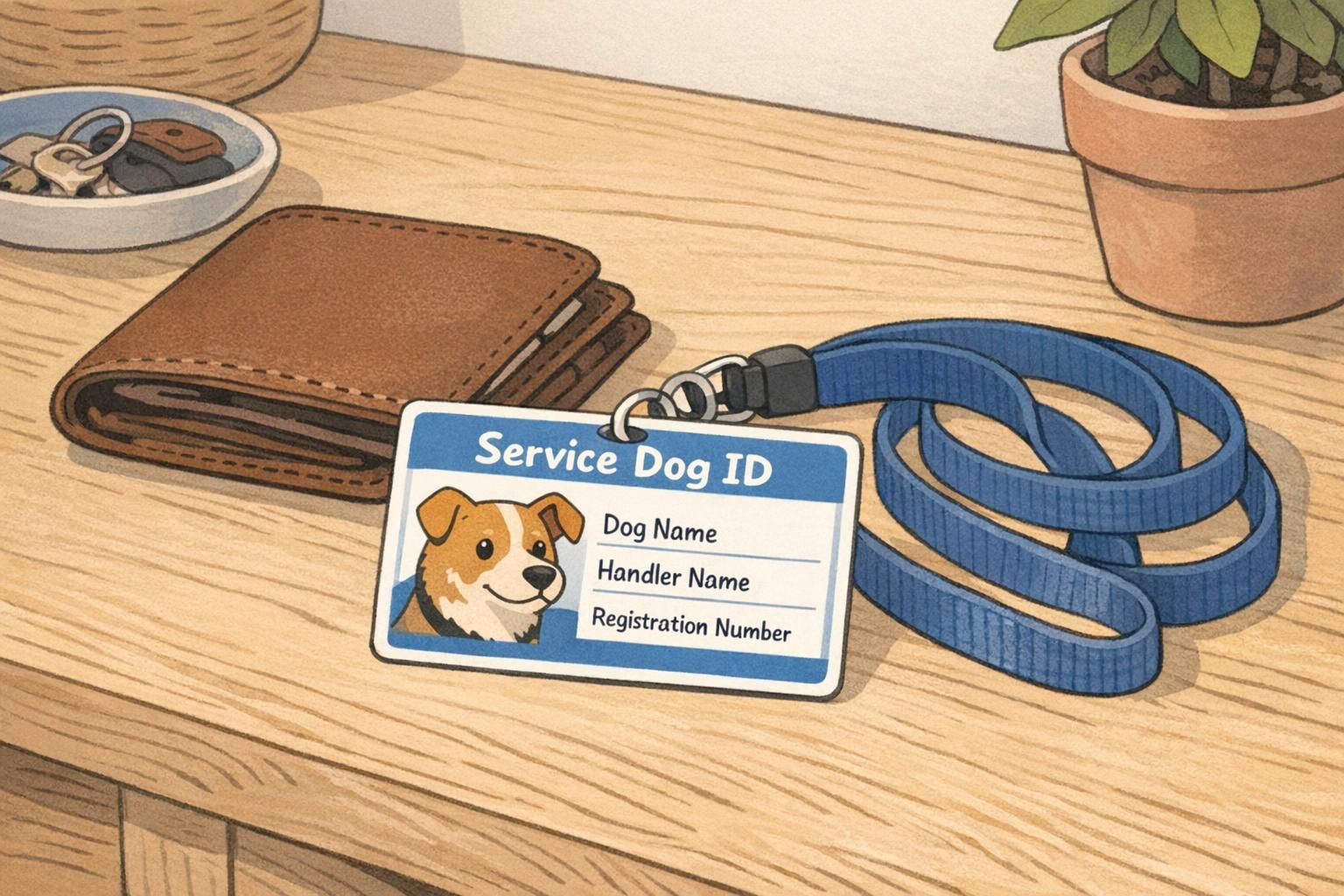 A durable PVC-style service dog ID card shown with a lanyard and wallet on an entryway table to illustrate everyday carry and durability.