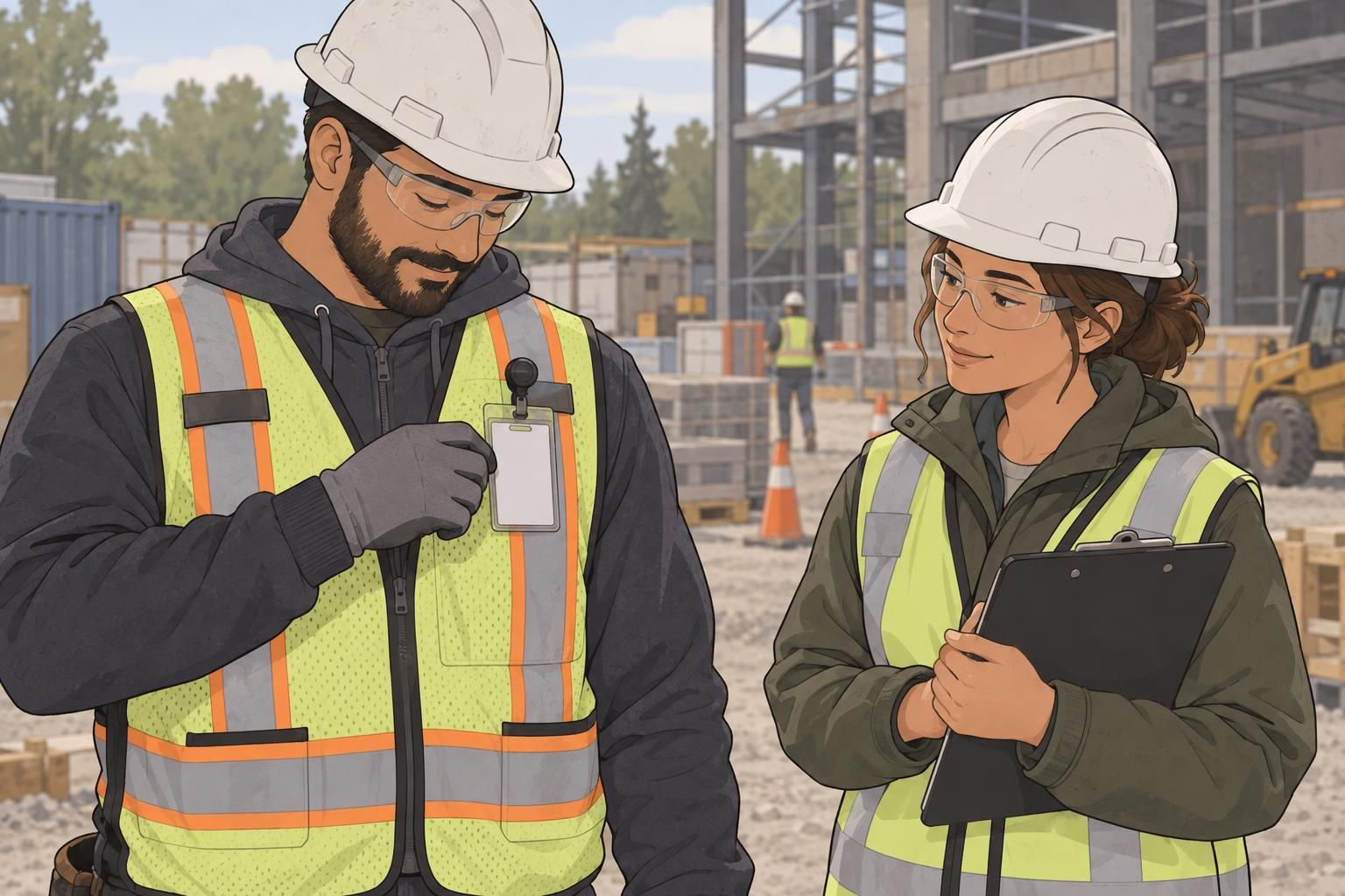 A worker and safety professional checking industrial ID badge placement alongside protective clothing and PPE.