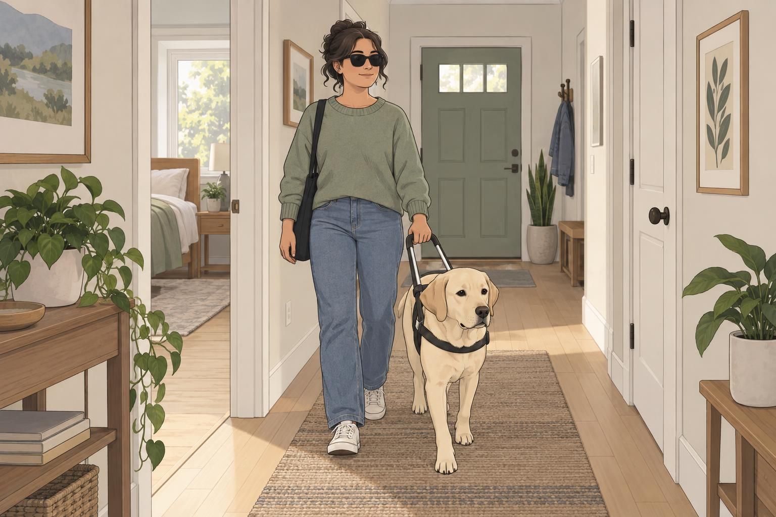 A blind adult prepares a meal with organized kitchen tools while a guide dog rests nearby.