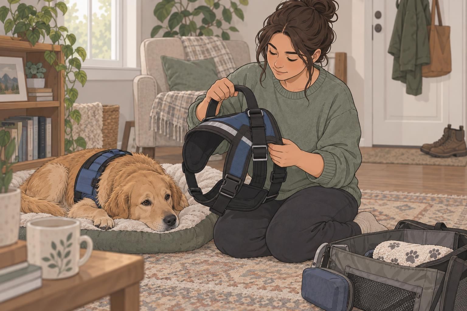 A handler inspects a mobility-support harness with a sturdy handle while the assistance dog rests nearby.