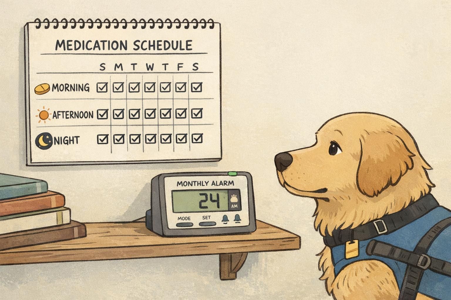 Wall calendar displaying a clear monthly medication schedule beside a small monthly alarm device on a shelf, with a service dog in the background illustrating routine planning.