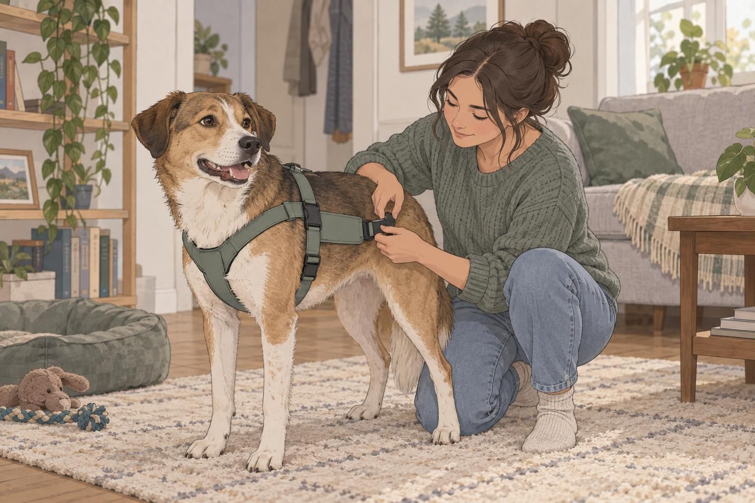 A handler adjusts a plain dog harness to check its fit and comfort before an outing.