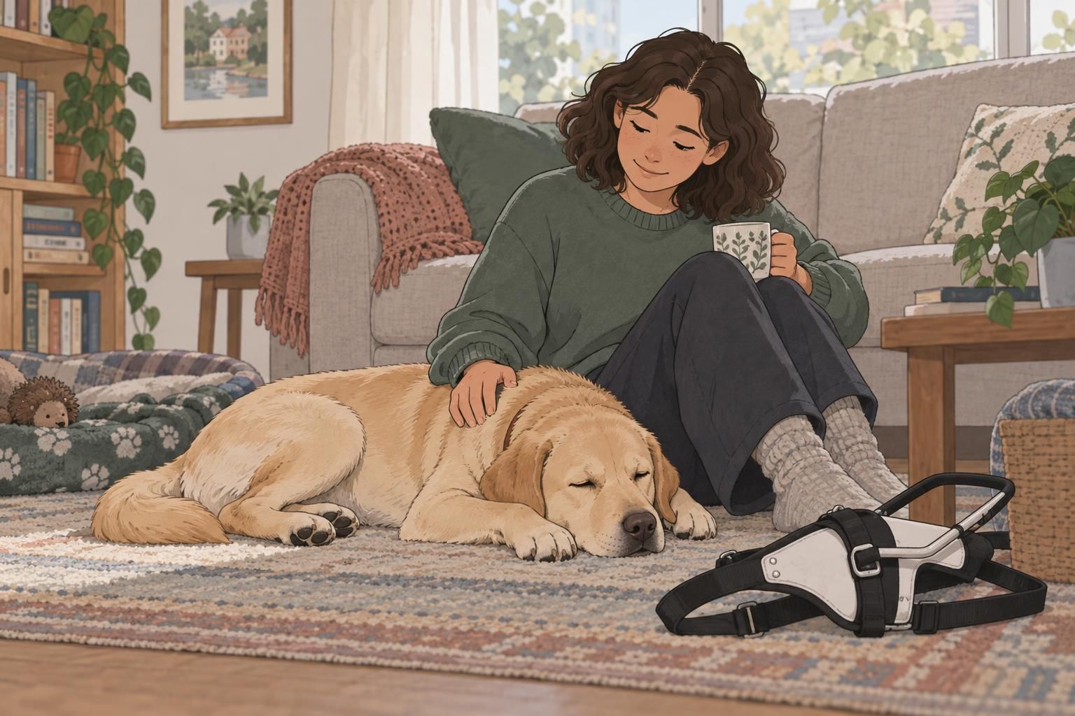 A guide dog rests at home beside its handler, with the working harness set aside.