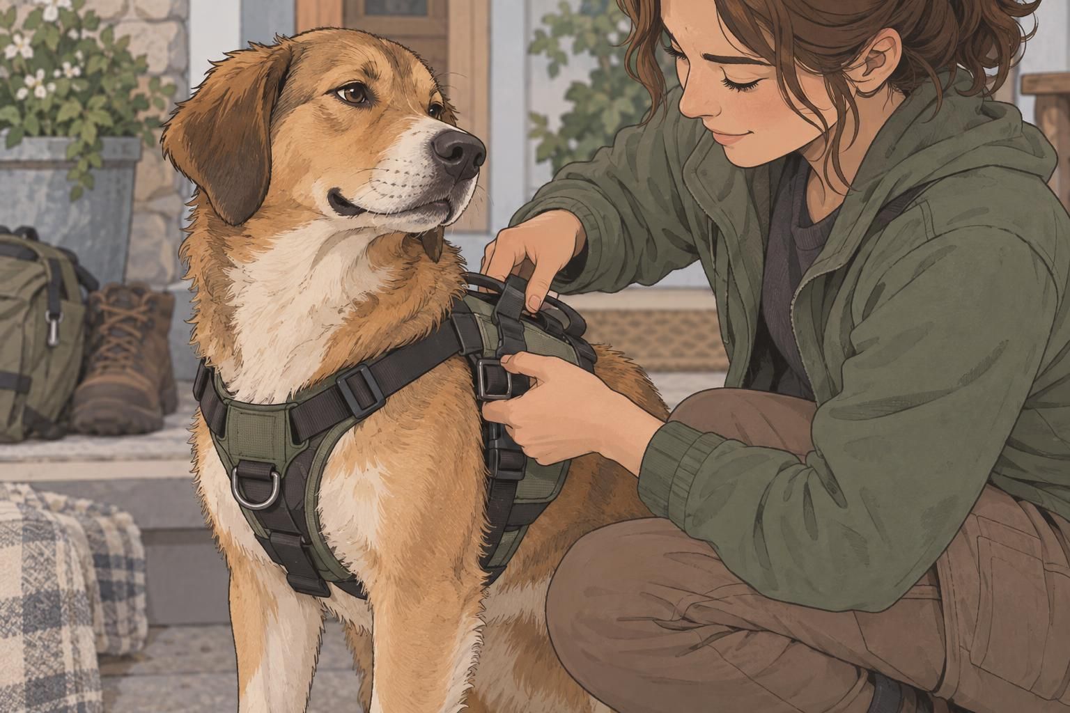 A handler adjusts a comfortable working harness on a relaxed allergy detection dog.