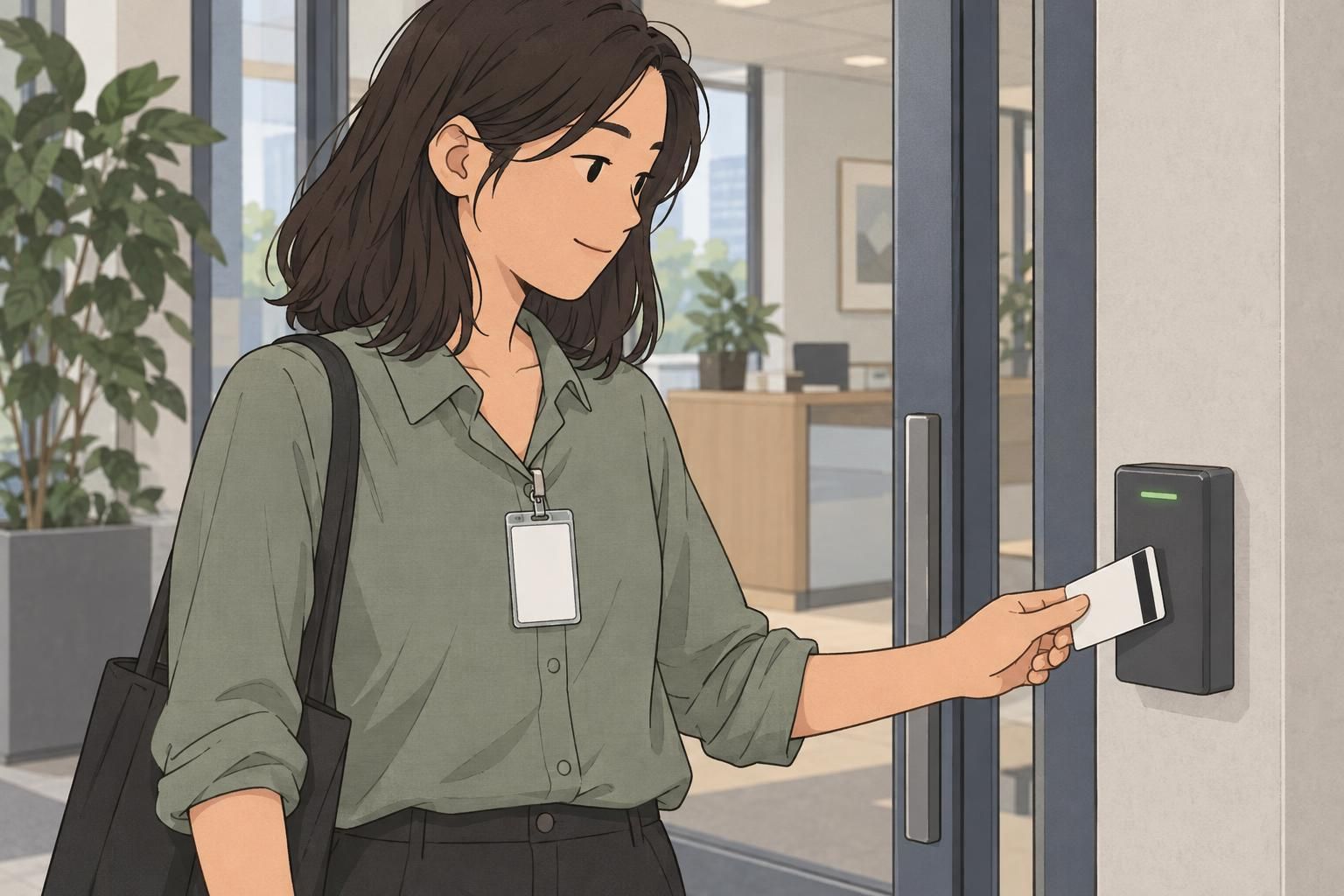 An employee presents a magstripe ID card to an access reader while wearing a clear ID badge holder.