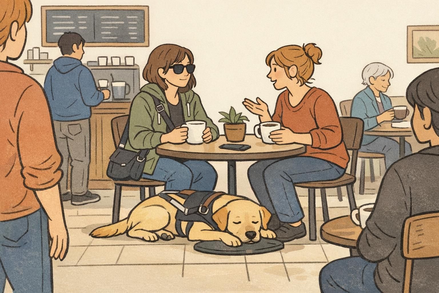 A calm cafe scene where a guide dog lies tucked under a small table while its handler holds a mug and talks with a friend, other patrons giving respectful space.
