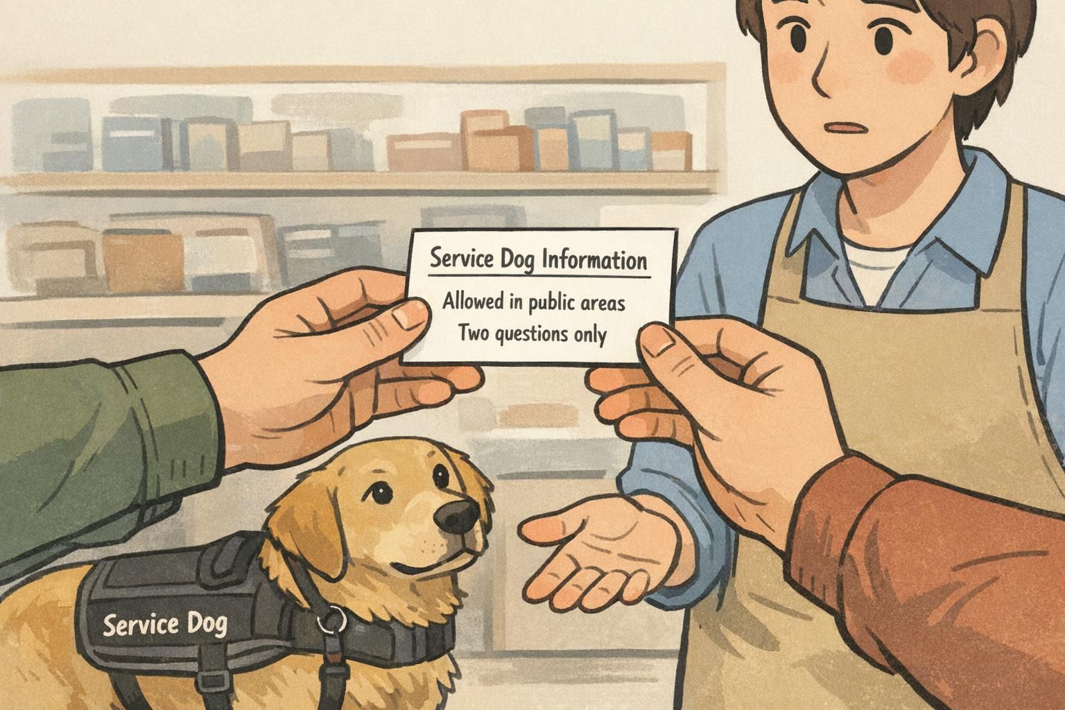 Close-up of hands offering a wallet-sized reference card to a retail employee while a composed service dog waits at the handler’s side, showing a brief communication tool.