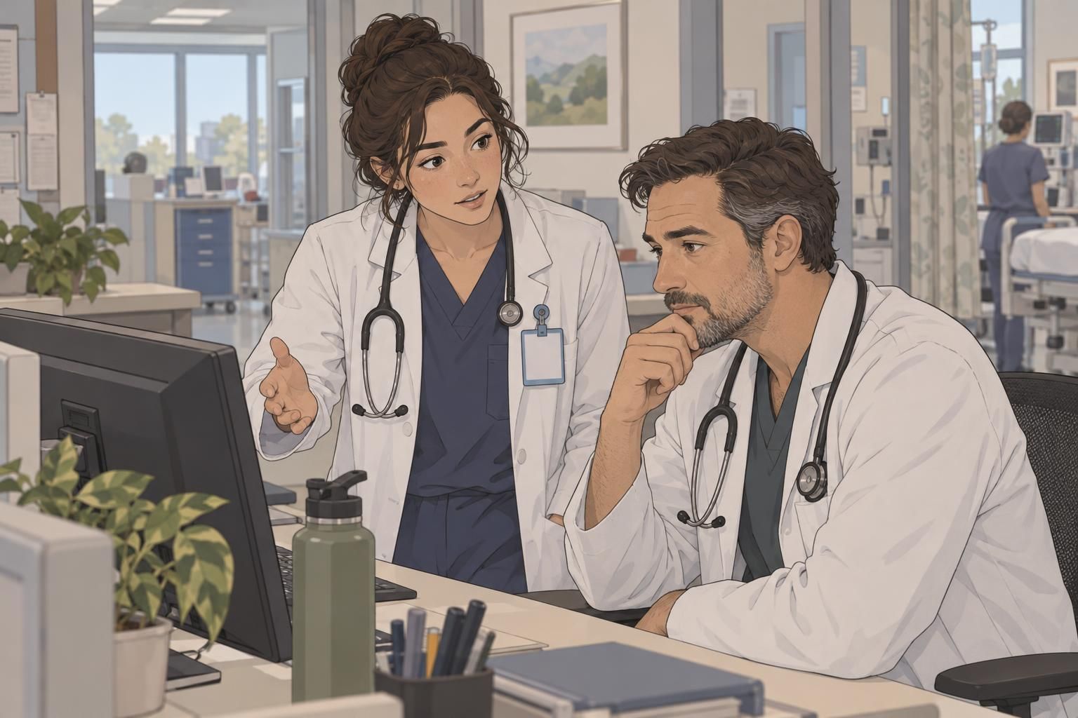 A resident physician wearing an ID badge discusses a care plan with an attending physician at a workstation.