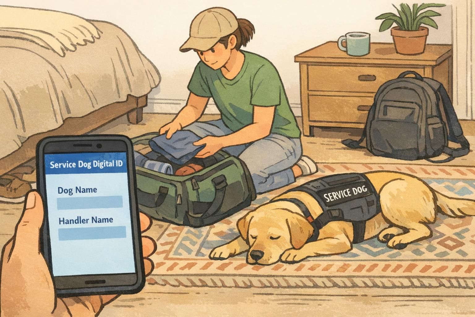 A handler slides a compact identification card across a leasing office desk to a property manager, demonstrating a calm, professional approach to housing discussions.