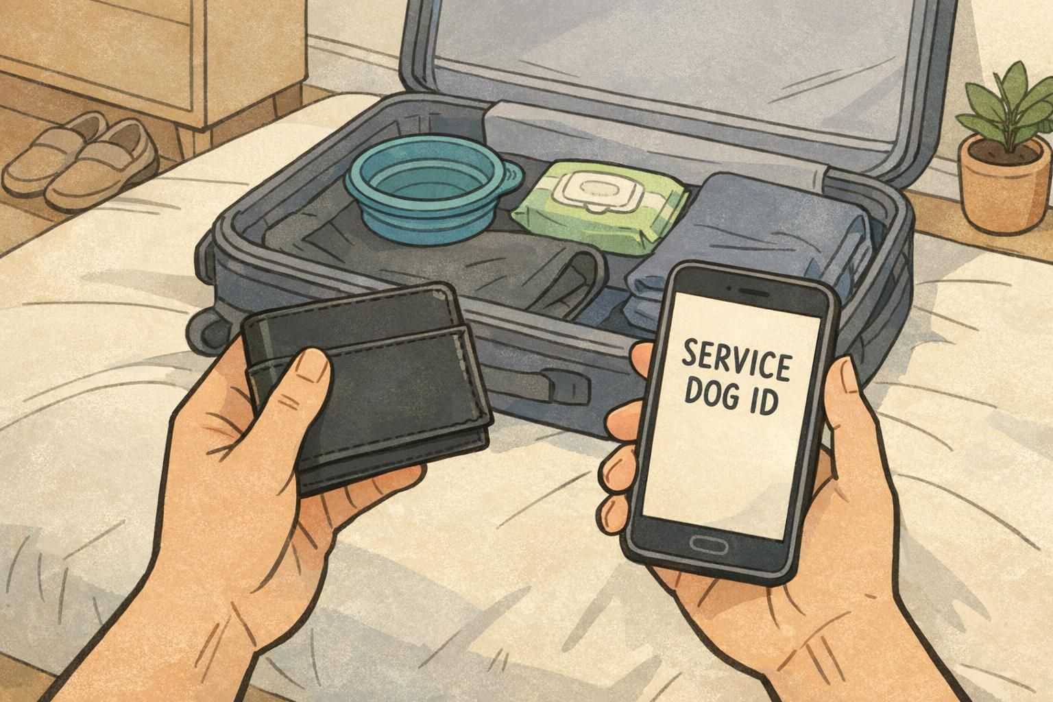 Open suitcase with a collapsible bowl, travel wipes, and a folded washable cover while a handler holds a small card case and a phone displaying a concise service-dog ID screen.