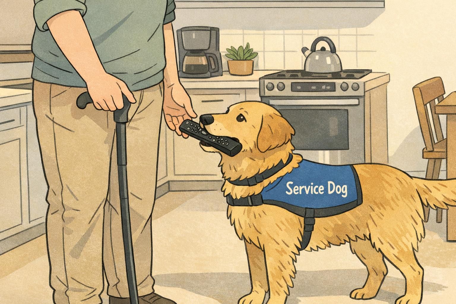 A service dog gently retrieves a dropped TV remote and places it into the handler’s hand in a home kitchen, showing a practical mobility and retrieval task.